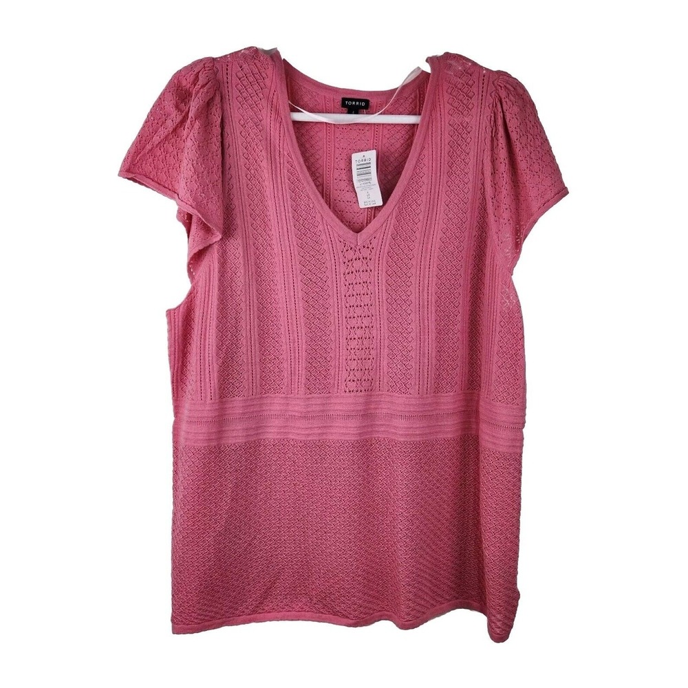 Torrid Pointelle Sweater Women 4 4X 26 Chateau Rose Pink Flutter Sleeve V-Neck